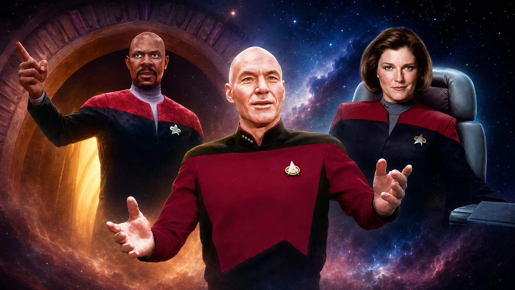 Illustrated collage of Star Trek captains Sisko, Picard, and Janeway against a starfield and wormhole
