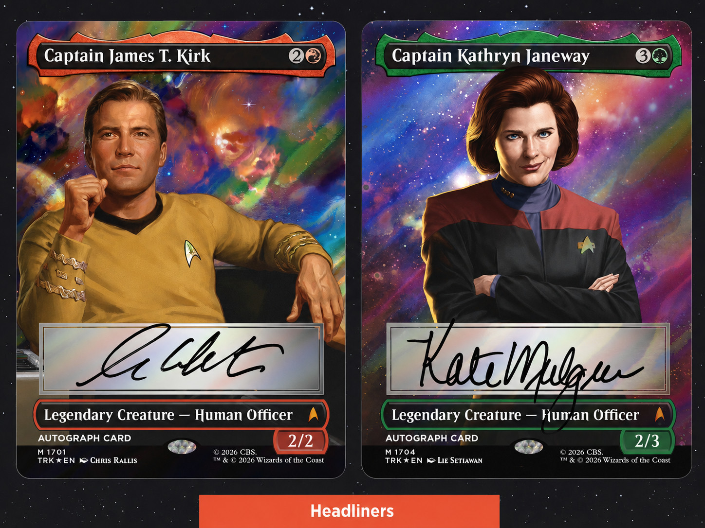 Captain James T. Kirk and Captain Kathryn Janeway autograph cards, signed by William Shatner and Kate Mulgrew, Magic: The Gathering | Star Trek (TRK)